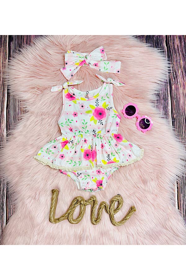 luluclothes - Pink floral & stripes w/lace baby romper w/headband DLH2407 - 3/6MONTHS