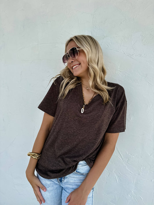 Chocolate brown Loose-fitting boyfriend tee with deep V-neck and soft jersey slub fabric—perfect for layering or casual wear