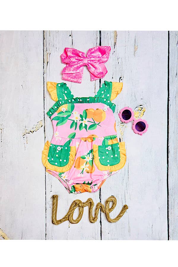 luluclothes - Pink & green w/peaches sleeveless baby romper XCH0999-5H - 12/18 MONTHS