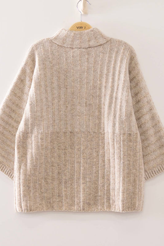 Oatmeal Ribbed Knit Mock Neck Sweater