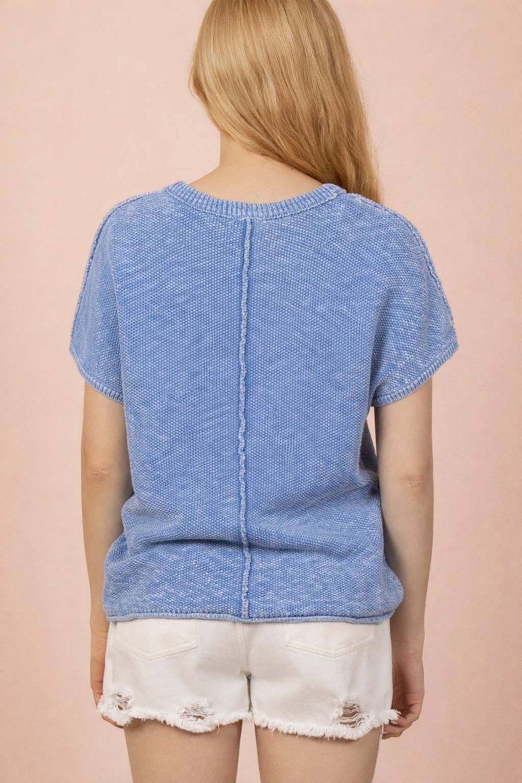 Sky Blue Mineral Washed Knit Casual Sweater Top