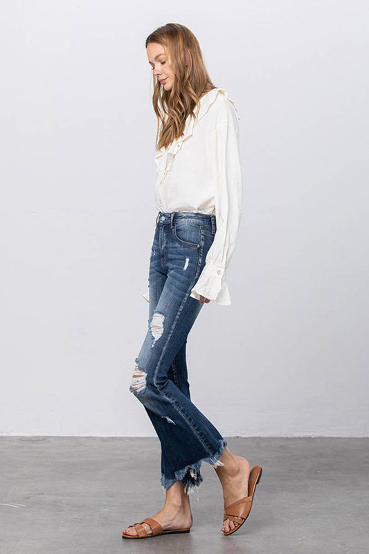 Mid Rise Distressed Crop Flare Jeans