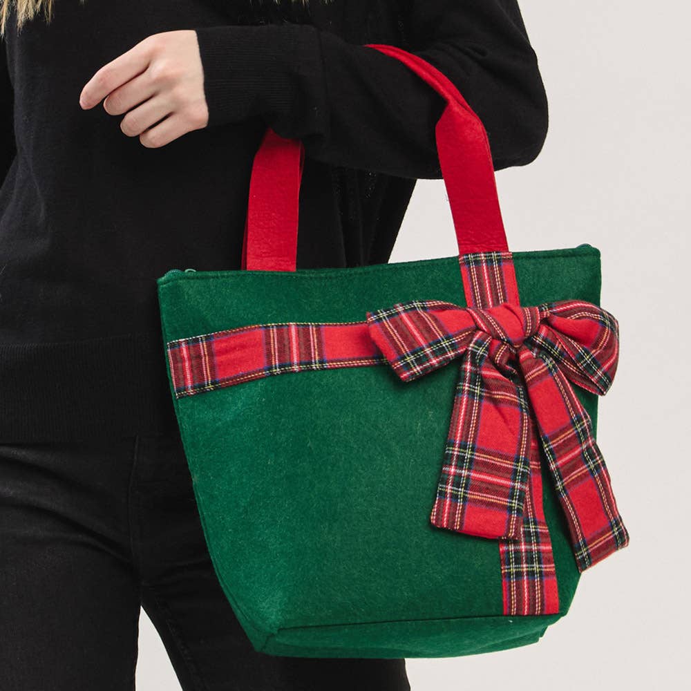 Christmas Red Tote Bag with Green Plaid Bow