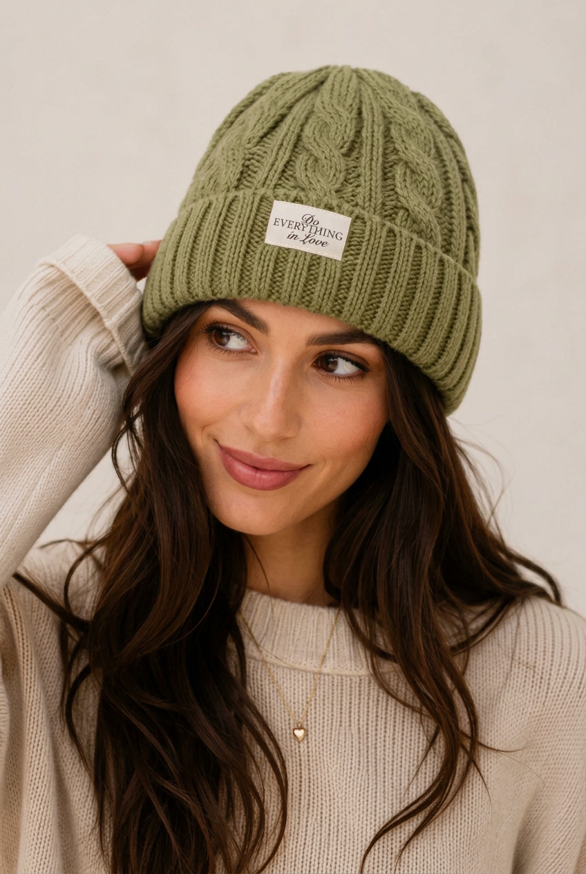 A woman wearing an olive green cable-knit beanie with a white brand patch that reads 'Everything on Time'. She is wearing a cream-colored knit sweater against a light beige background.