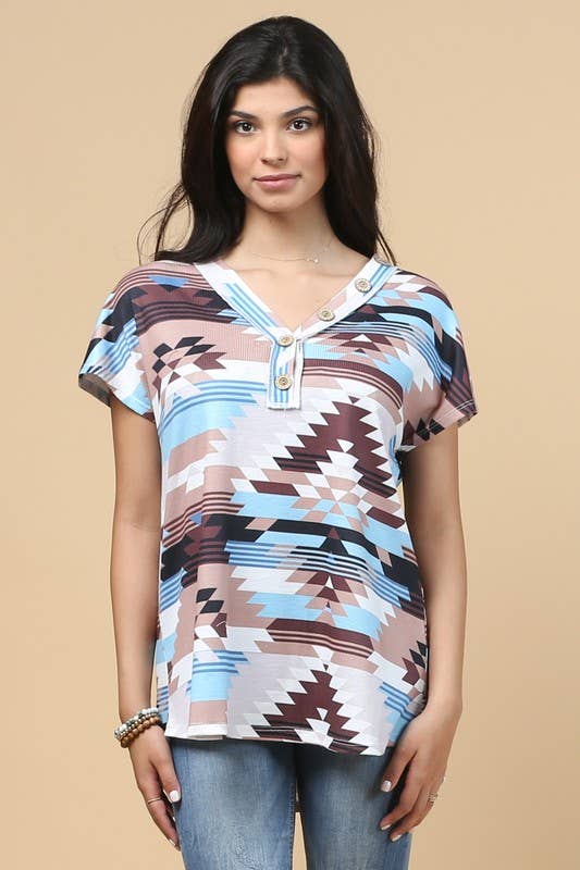 Aztec Top - Mocha & Blue