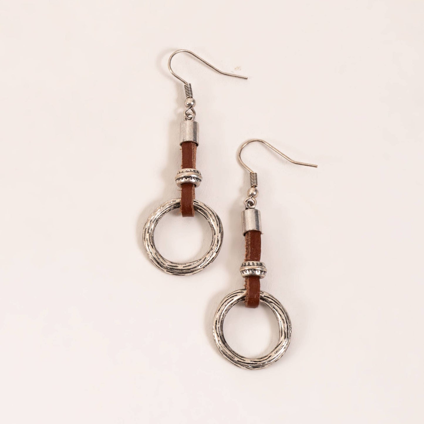 Leather Silver Ring Drop Earrings