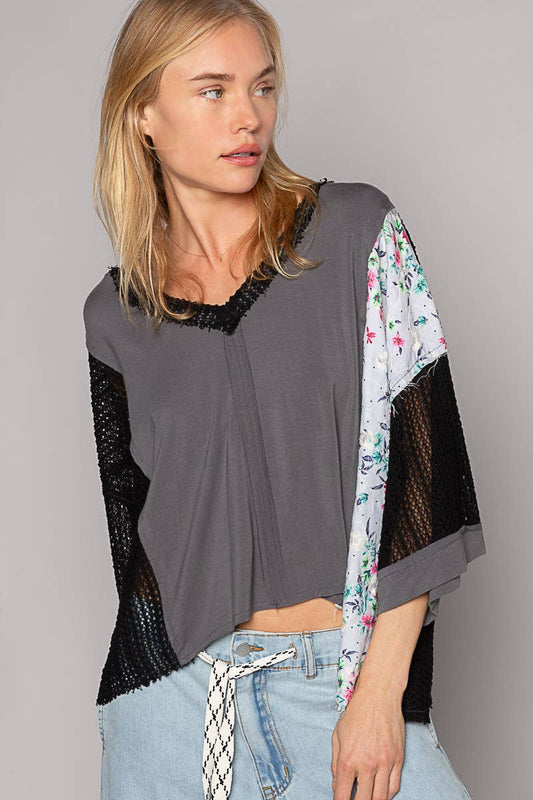 POL Charcoal Floral Crochet Contast Top
