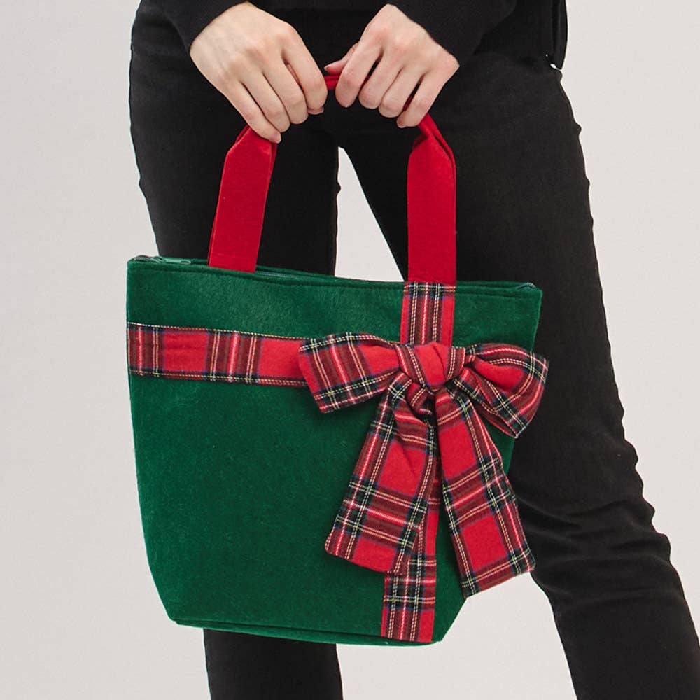 Christmas Red Tote Bag with Green Plaid Bow