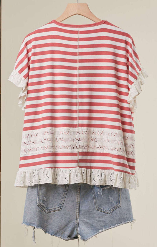 Striped Lace Trim Top Red & White - Style Junkie Boutique