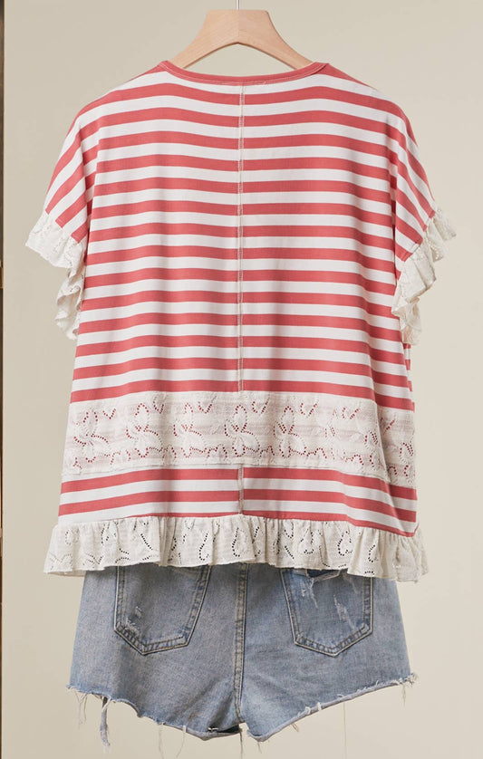 Striped Lace Trim Top Red & White