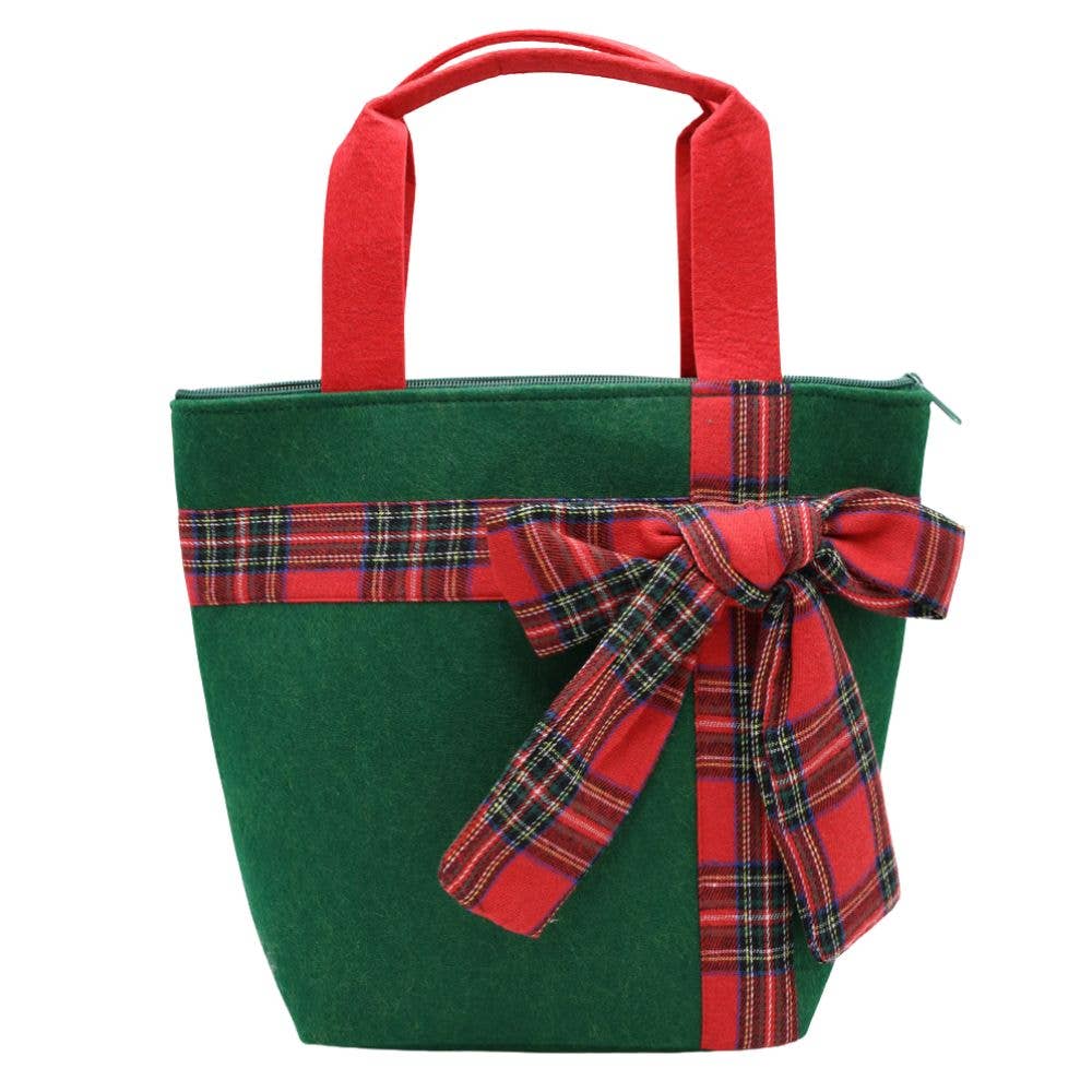 Christmas Green Tote Bag with Red Plaid Bow