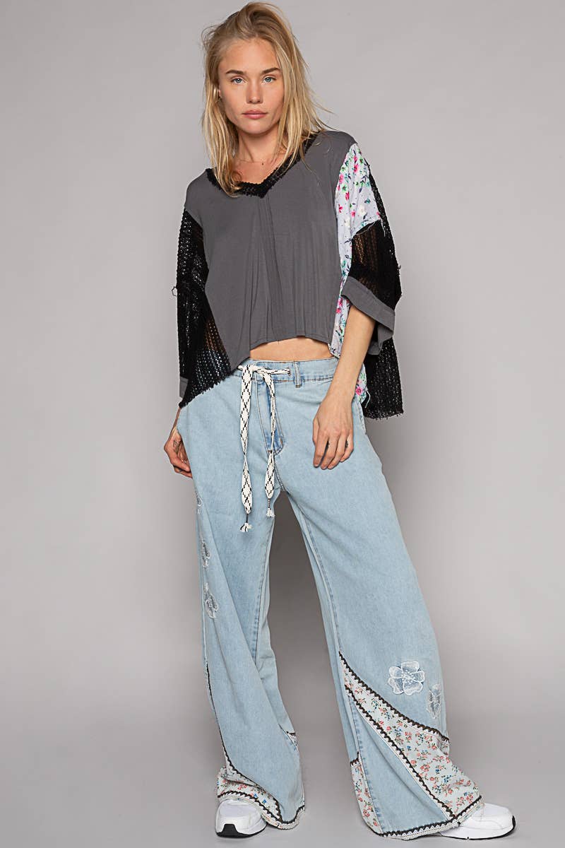 POL Charcoal Floral Crochet Contast Top
