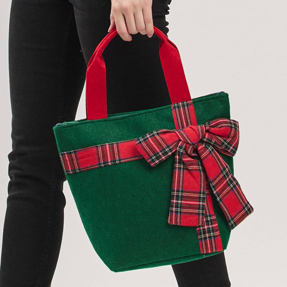 Christmas Red Tote Bag with Green Plaid Bow