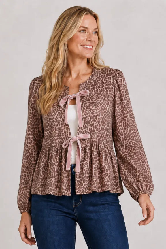 Brushed Twill Mauve Leopard Bow Tie Blouse