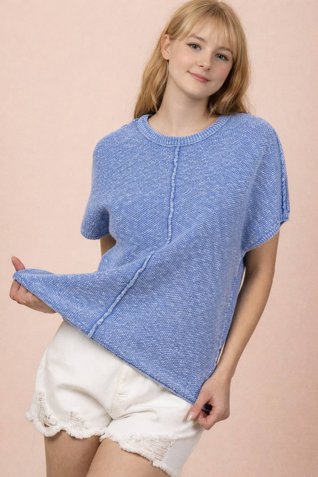 Sky Blue Mineral Washed Knit Casual Sweater Top
