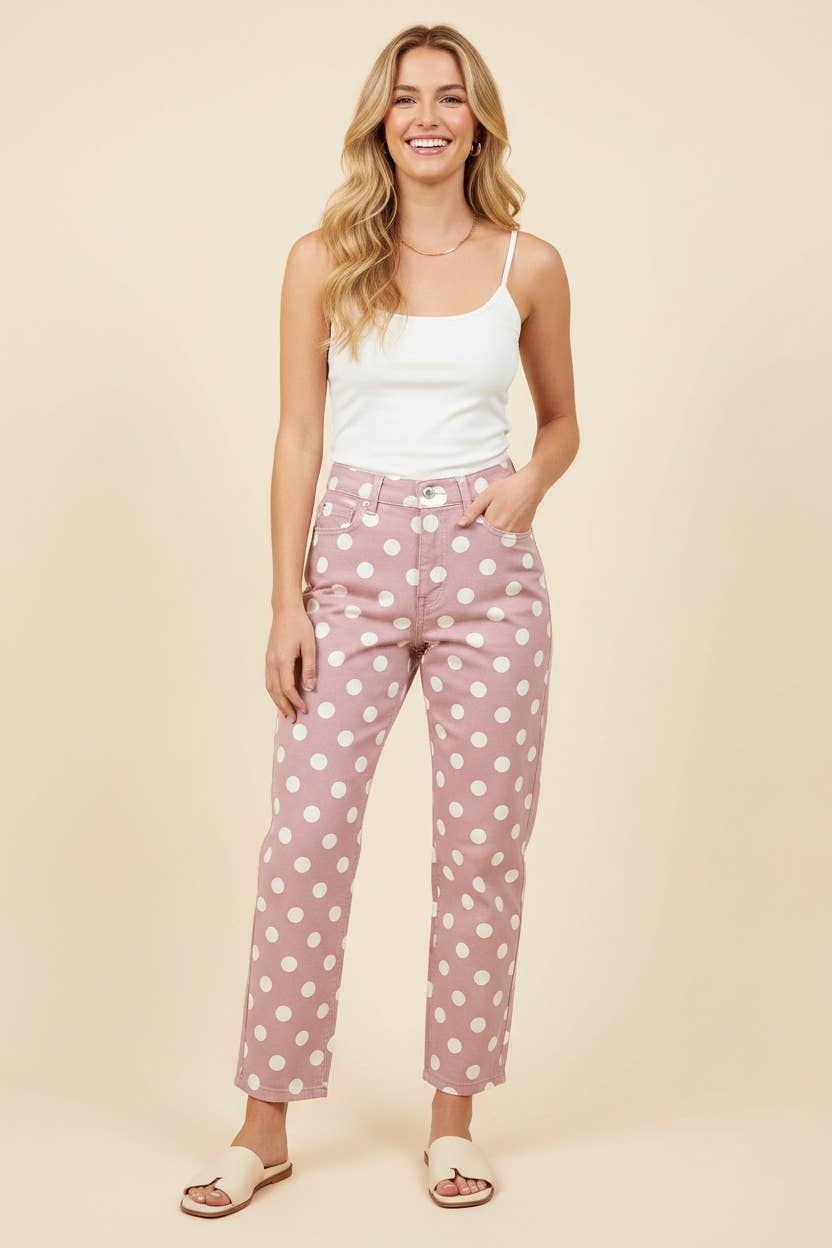 HEIMISH - HP40176 Polka Dot High Rise Straight Leg Pants - TAUPE/WHT / 2-2-2(S-M-L)