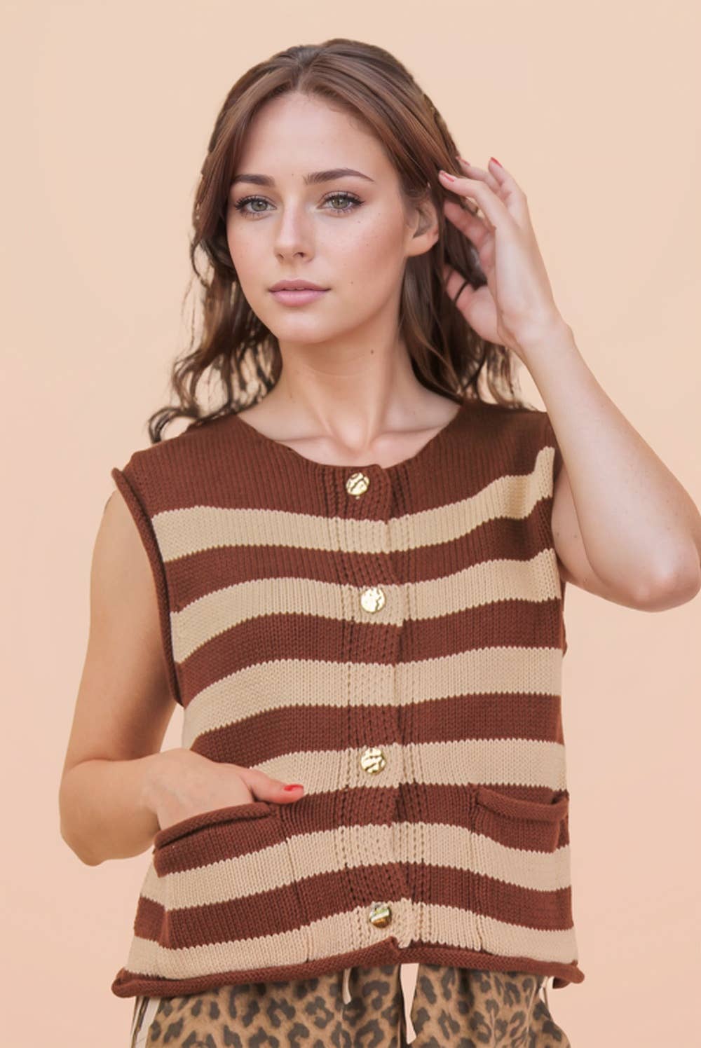 Brown Stripe Sleeveless Button-Down Knit Sweater Top