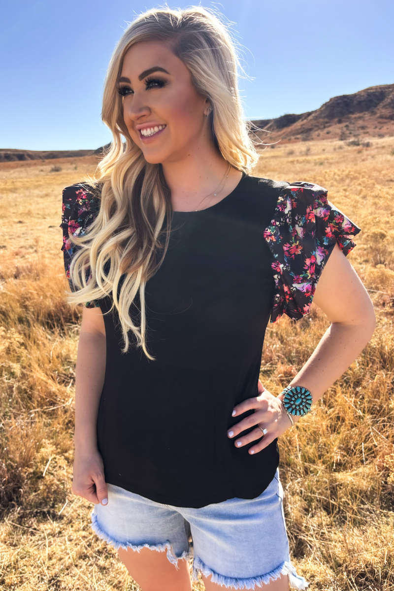 Black Floral Ruffle Sleeve Top