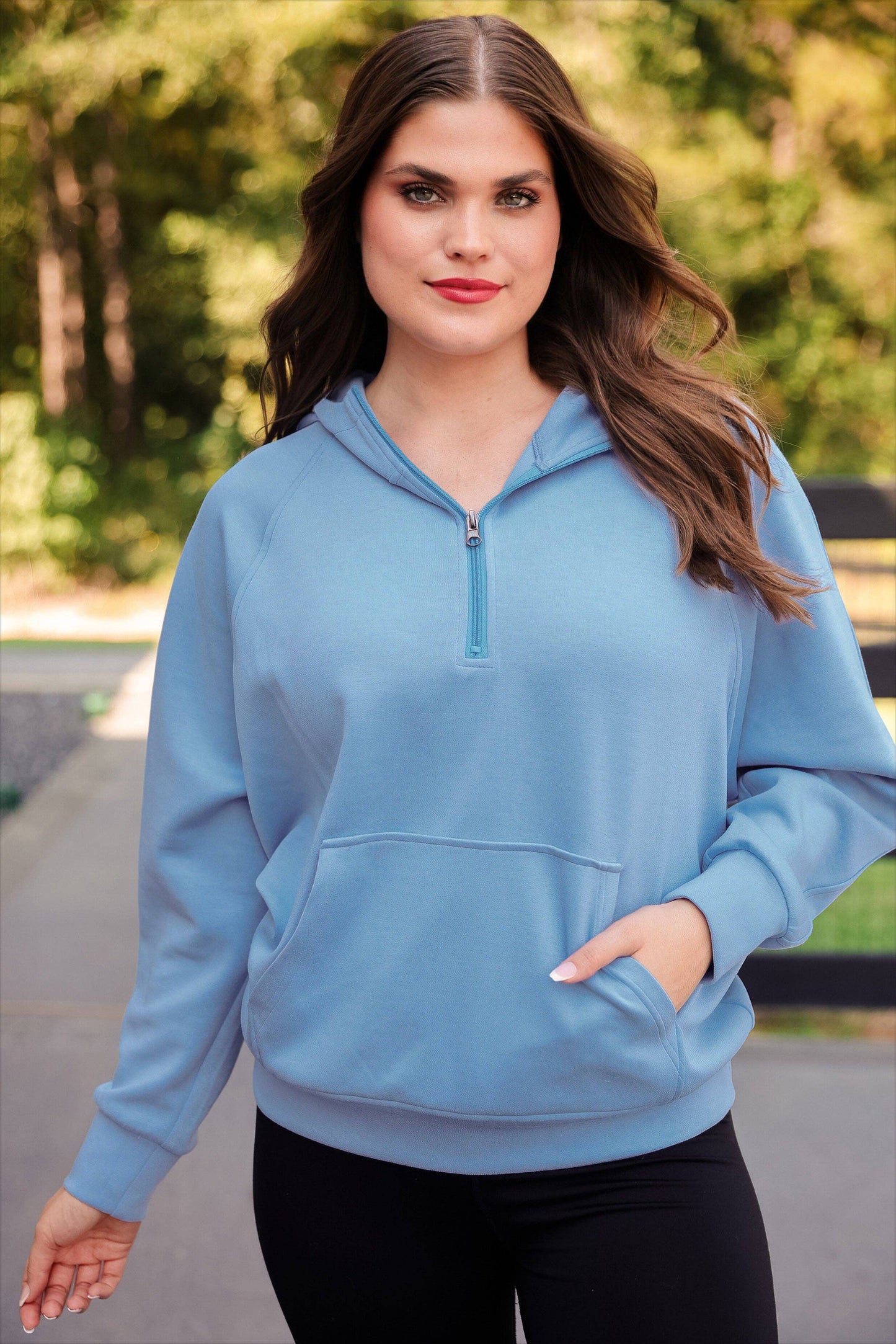 Light Blue Hooded Quarter Zip Pullover