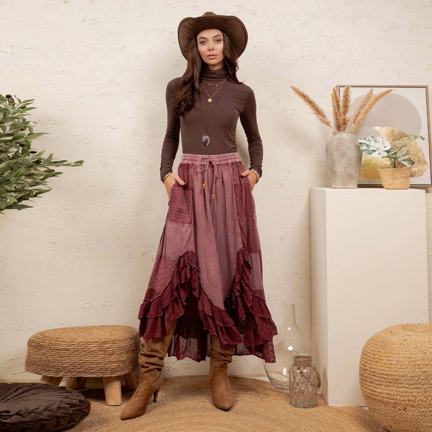 Young Threads - Rustic Bohemian: Asymmetrical Embroidered Midi Skirt - New - Latte / REGULAR (S-M-L-XL 2-2-2-1)