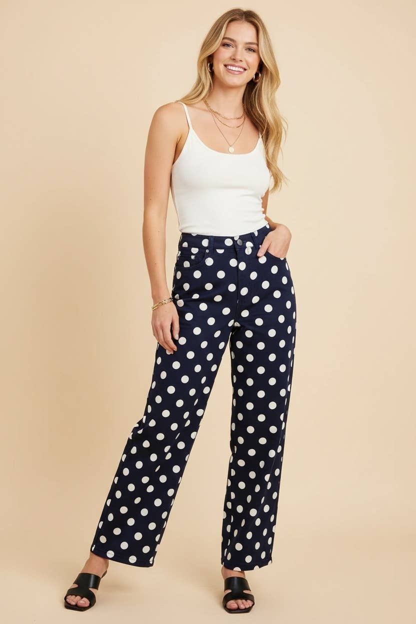 HEIMISH - HP40176 Polka Dot High Rise Straight Leg Pants - TAUPE/WHT / 3-2-1(1X-2X-3X)