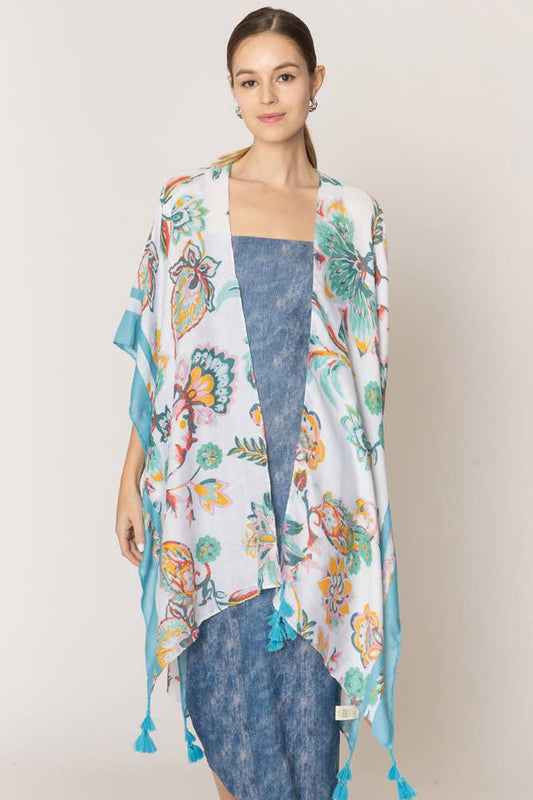 Hana - Floral Print Stripe Edge Tassel Summer Kimono - Ivory