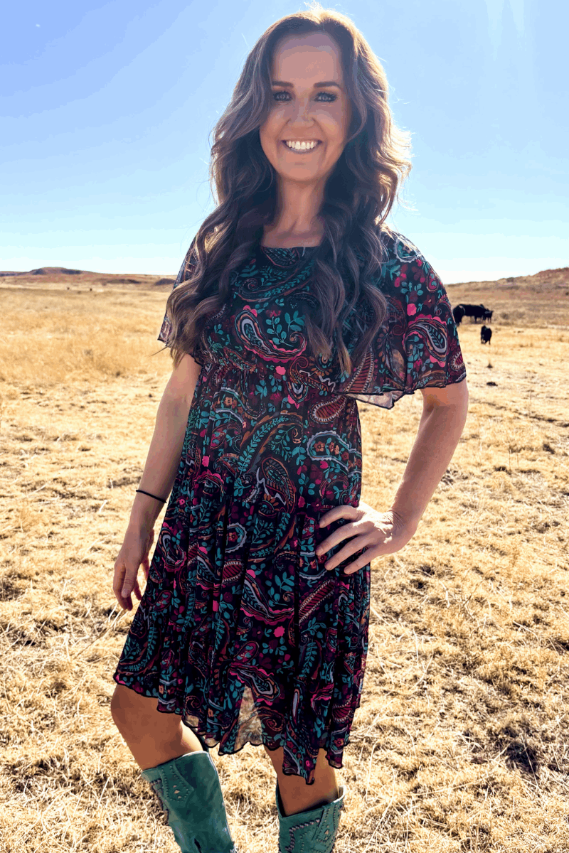 Black Paisley Mesh Overlay Dress