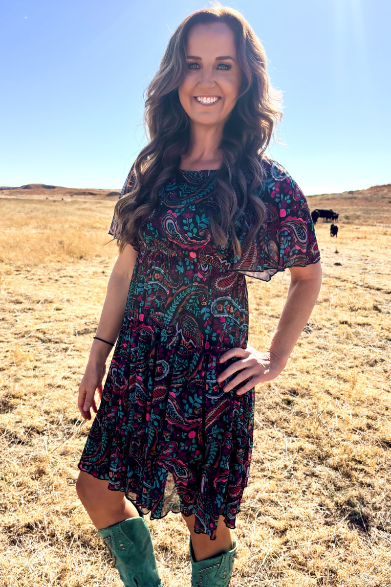 Black Paisley Mesh Overlay Dress