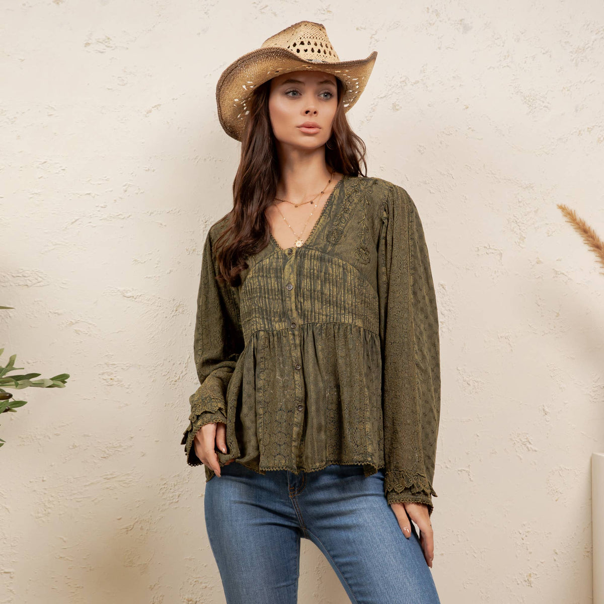 Young Threads - Vintage Boho Embroidered Lace V-Neck Peplum Top NEW - MULBERRY / REGULAR (S-M-L-XL 2-2-2-1)