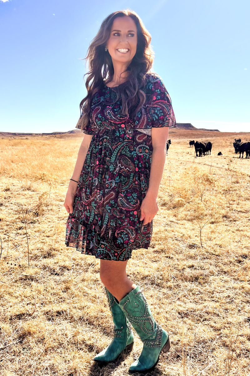 Black Paisley Mesh Overlay Dress