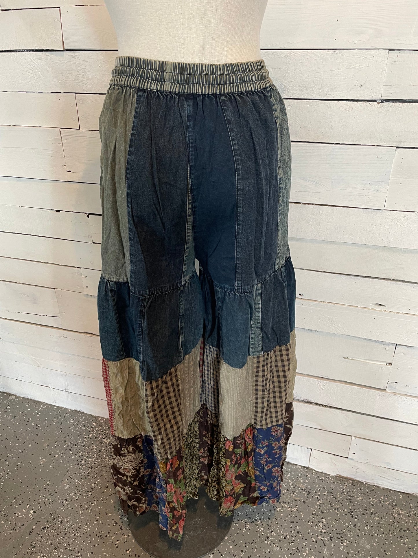 Boho Tiered Denim & Patch Pants