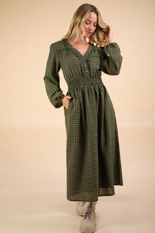 Green Plaid Midi Dress