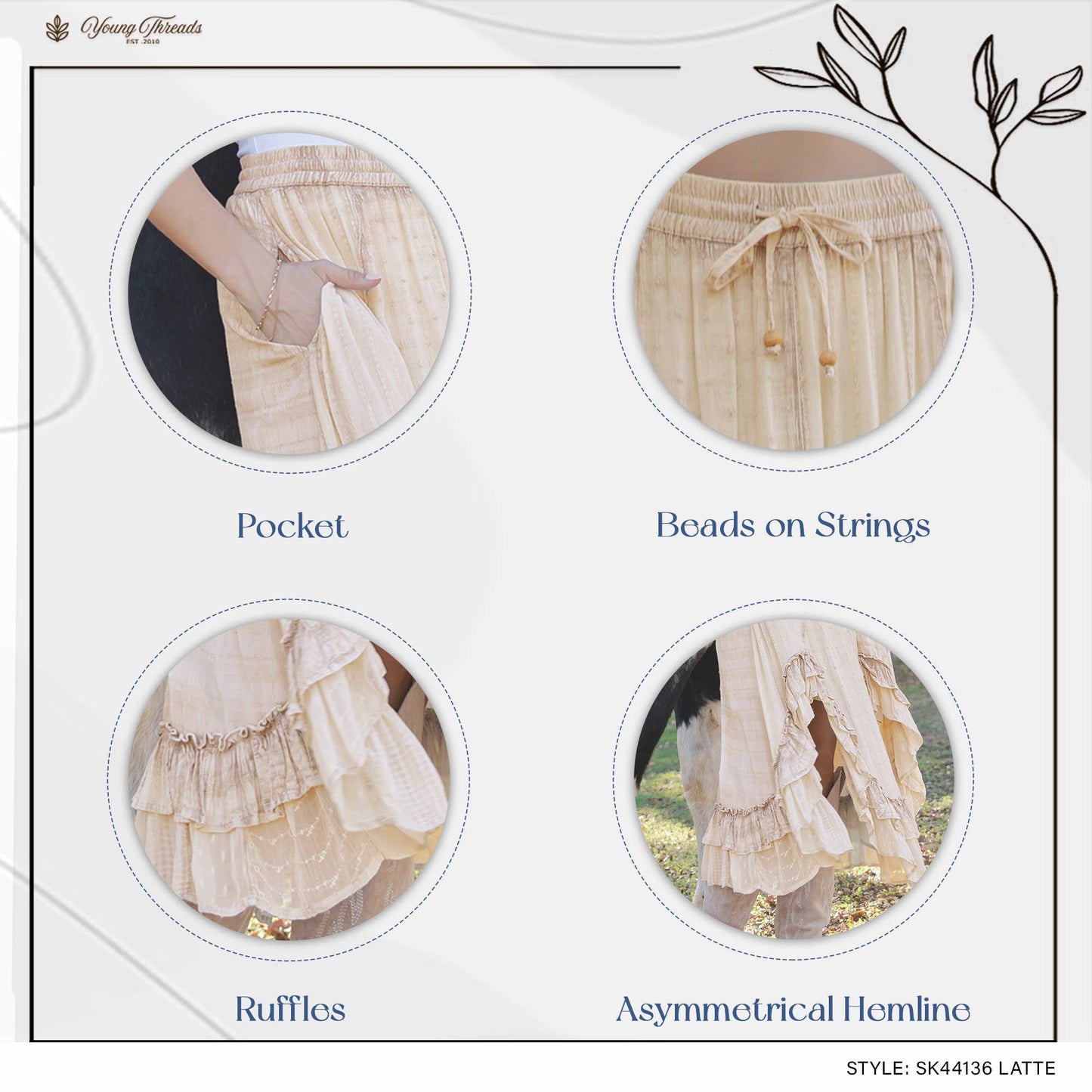 Young Threads - Rustic Bohemian: Asymmetrical Embroidered Midi Skirt - New - Latte / REGULAR (S-M-L-XL 2-2-2-1)