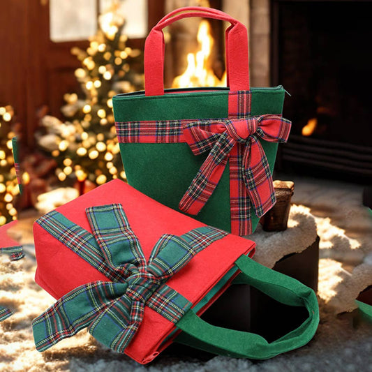 Christmas Red Tote Bag with Green Plaid Bow