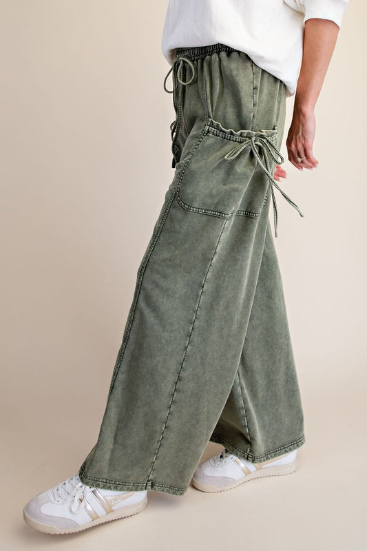 Mineral Wash Terry Knit Wide Leg Pant - Olive