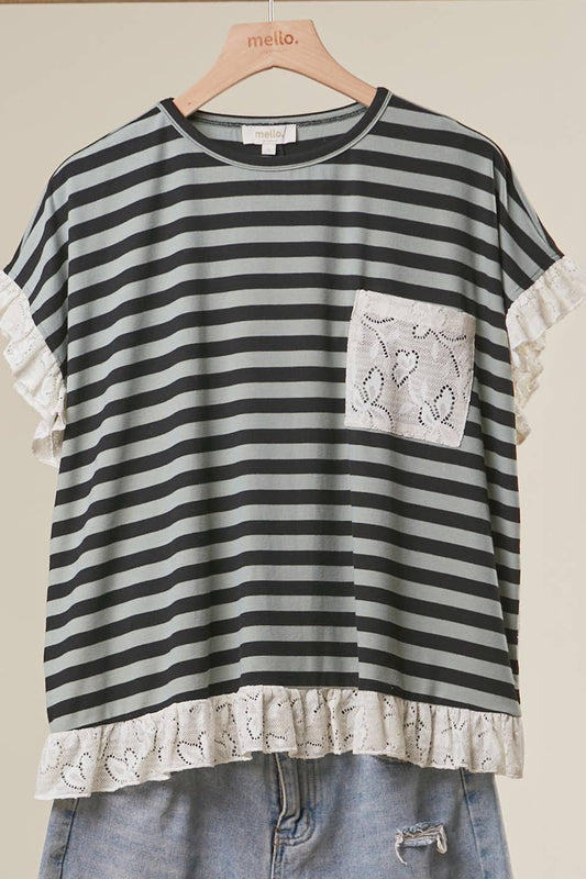 Striped Black and Olive Lace Top