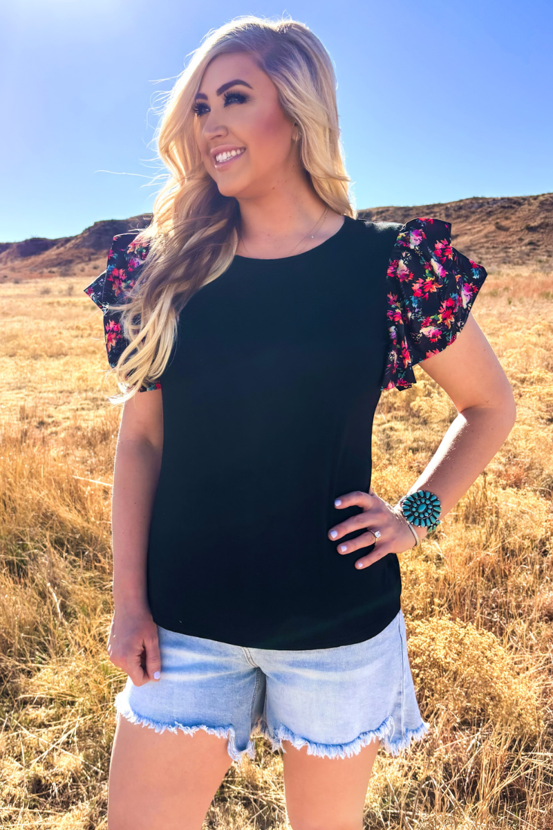 Black Floral Ruffle Sleeve Top