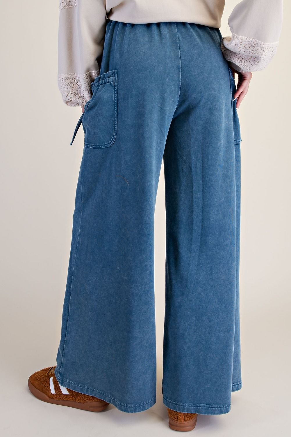 Mineral Wash Terry Knit Wide Leg Pant - Blue