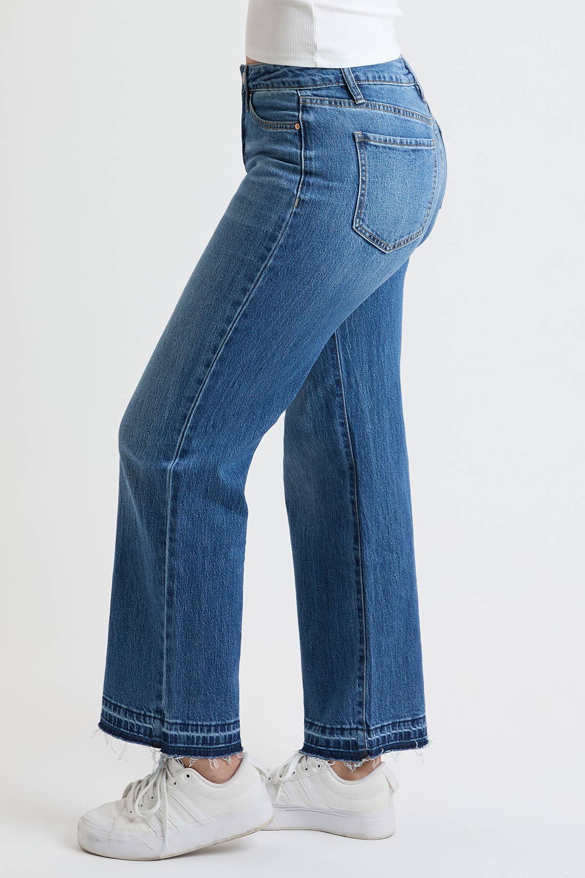 High Rise Wide Leg Jeans with Raw Hem - Medium Wash