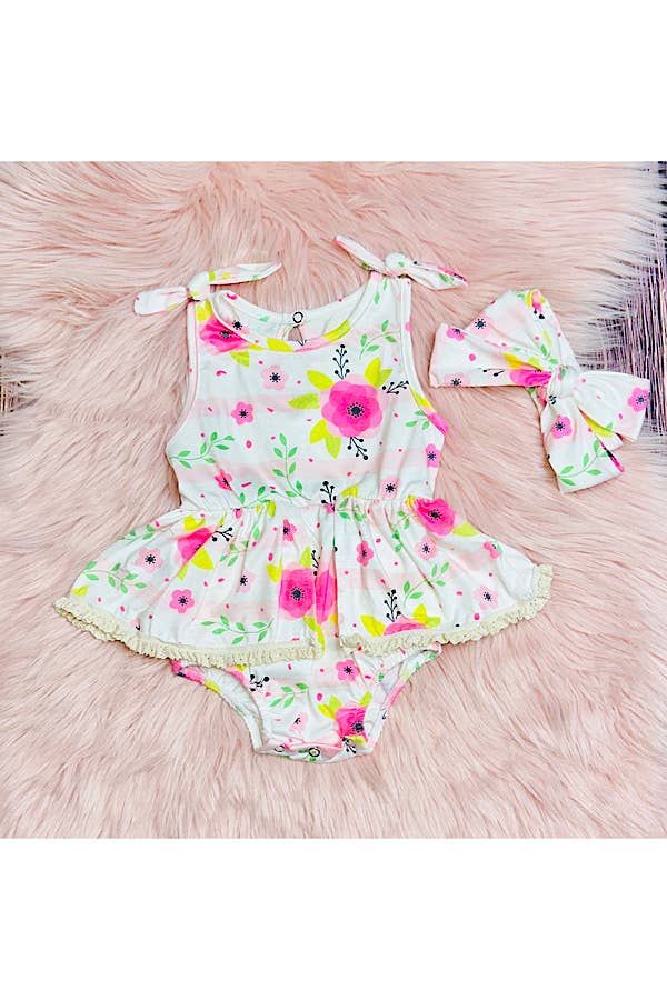 luluclothes - Pink floral & stripes w/lace baby romper w/headband DLH2407 - 12/18MONTHS