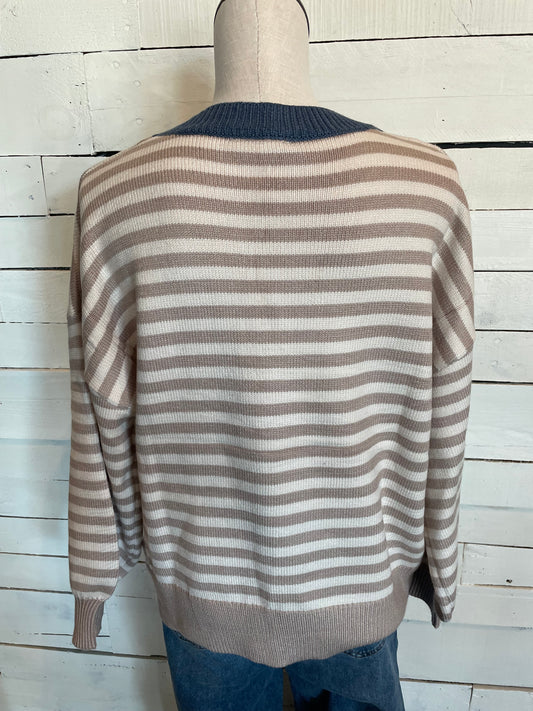 Natural Stripe Denim Collar Crew Neck Sweater