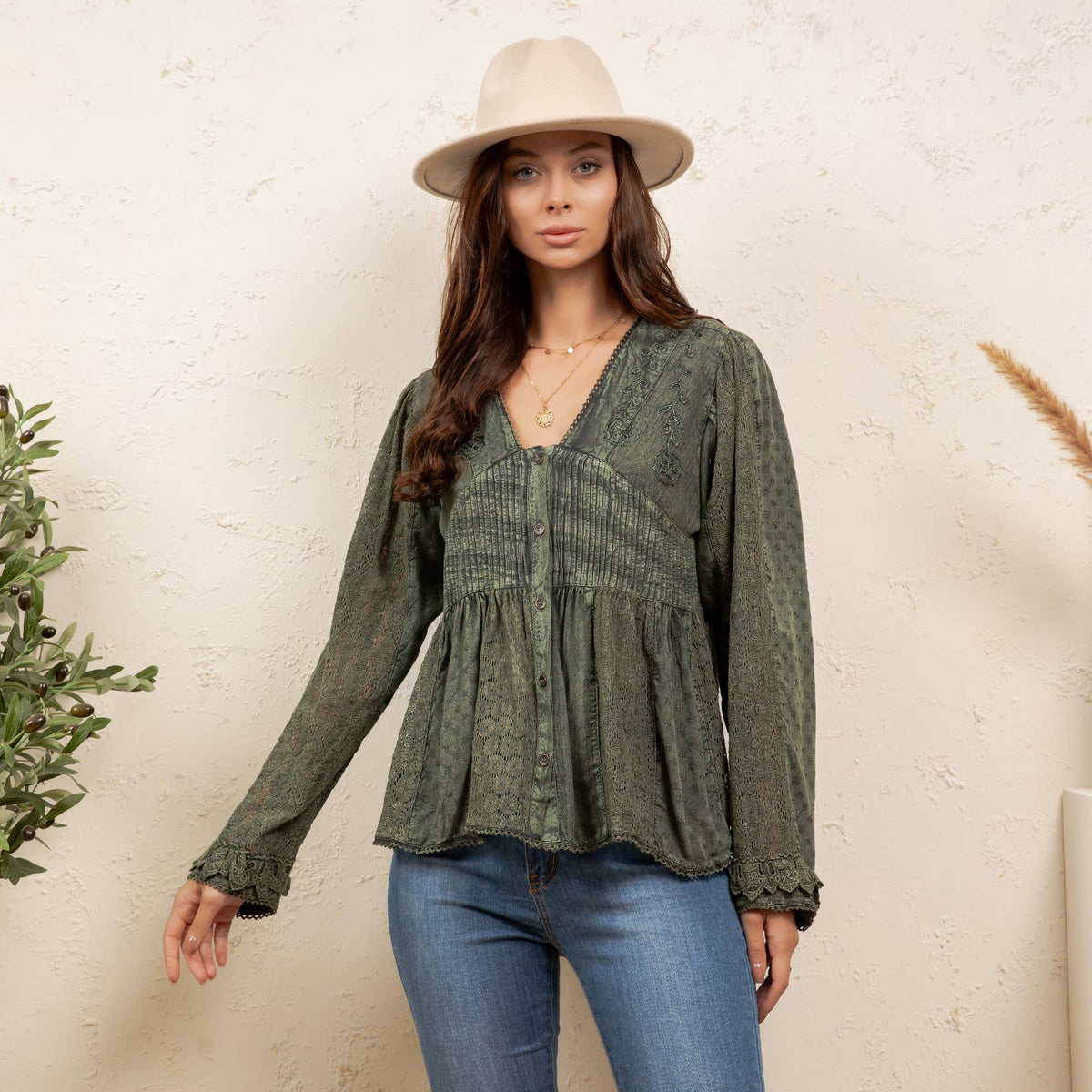 Young Threads - Vintage Boho Embroidered Lace V-Neck Peplum Top NEW - MULBERRY / REGULAR (S-M-L-XL 2-2-2-1)