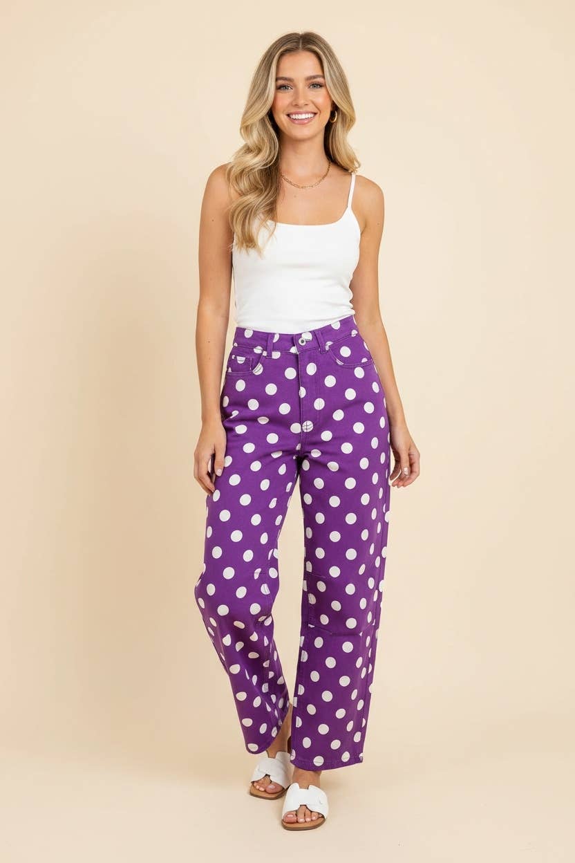 HEIMISH - HP40176 Polka Dot High Rise Straight Leg Pants - TAUPE/WHT / 3-2-1(1X-2X-3X)