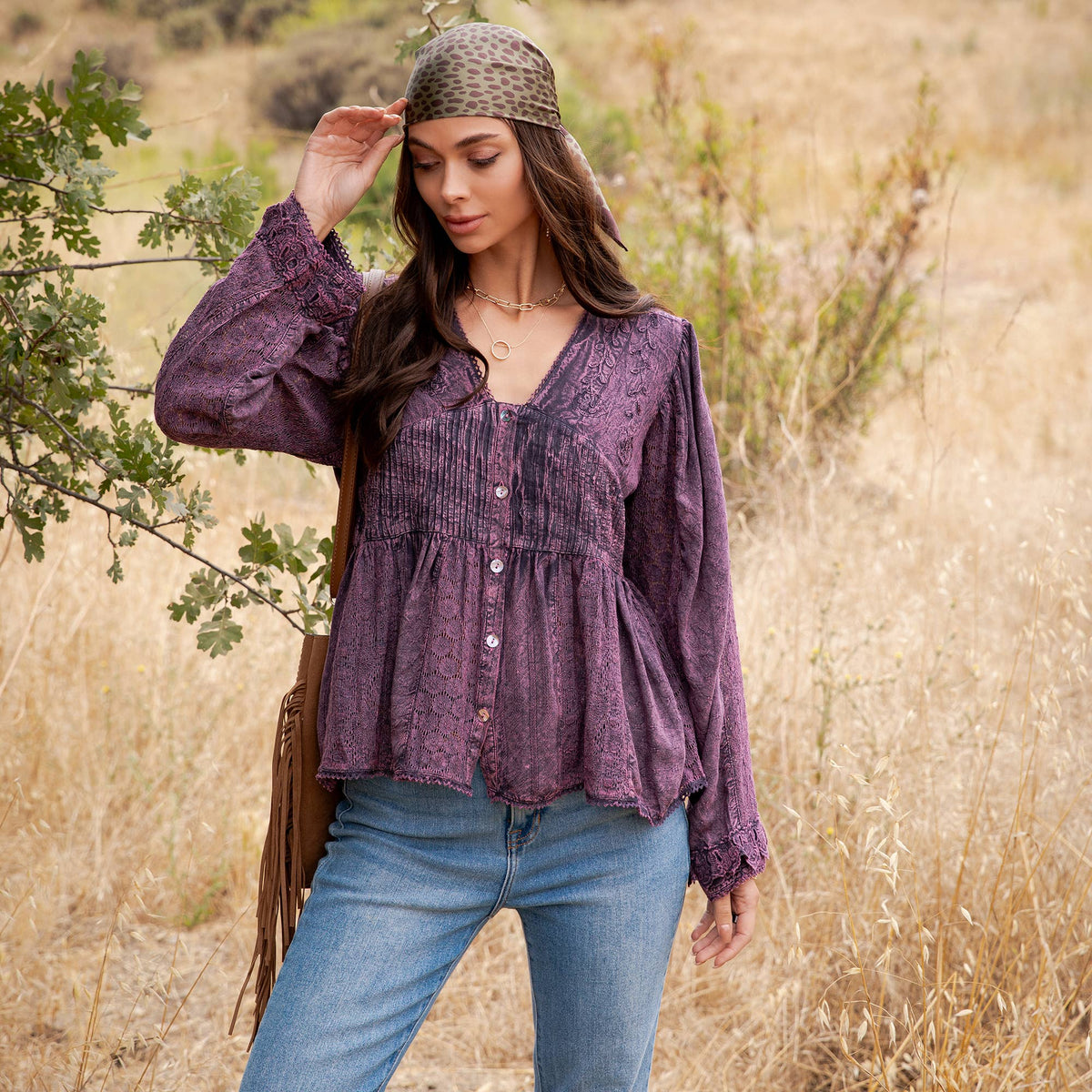 Young Threads - Vintage Boho Embroidered Lace V-Neck Peplum Top NEW - MULBERRY / REGULAR (S-M-L-XL 2-2-2-1)