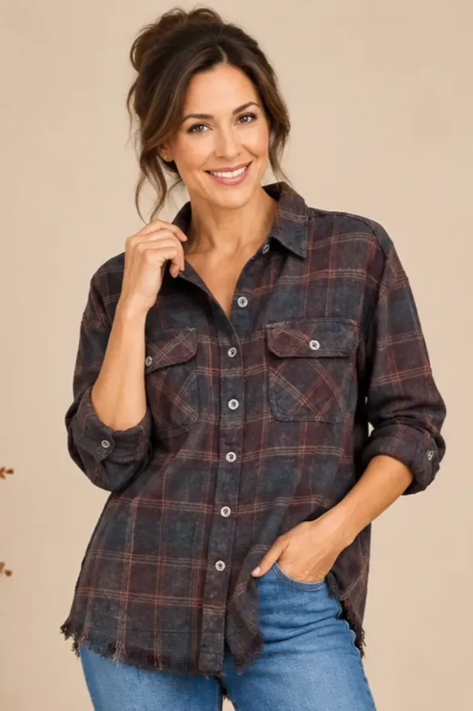 Brown & Forest Plaid Flannel with Frayed Hem
