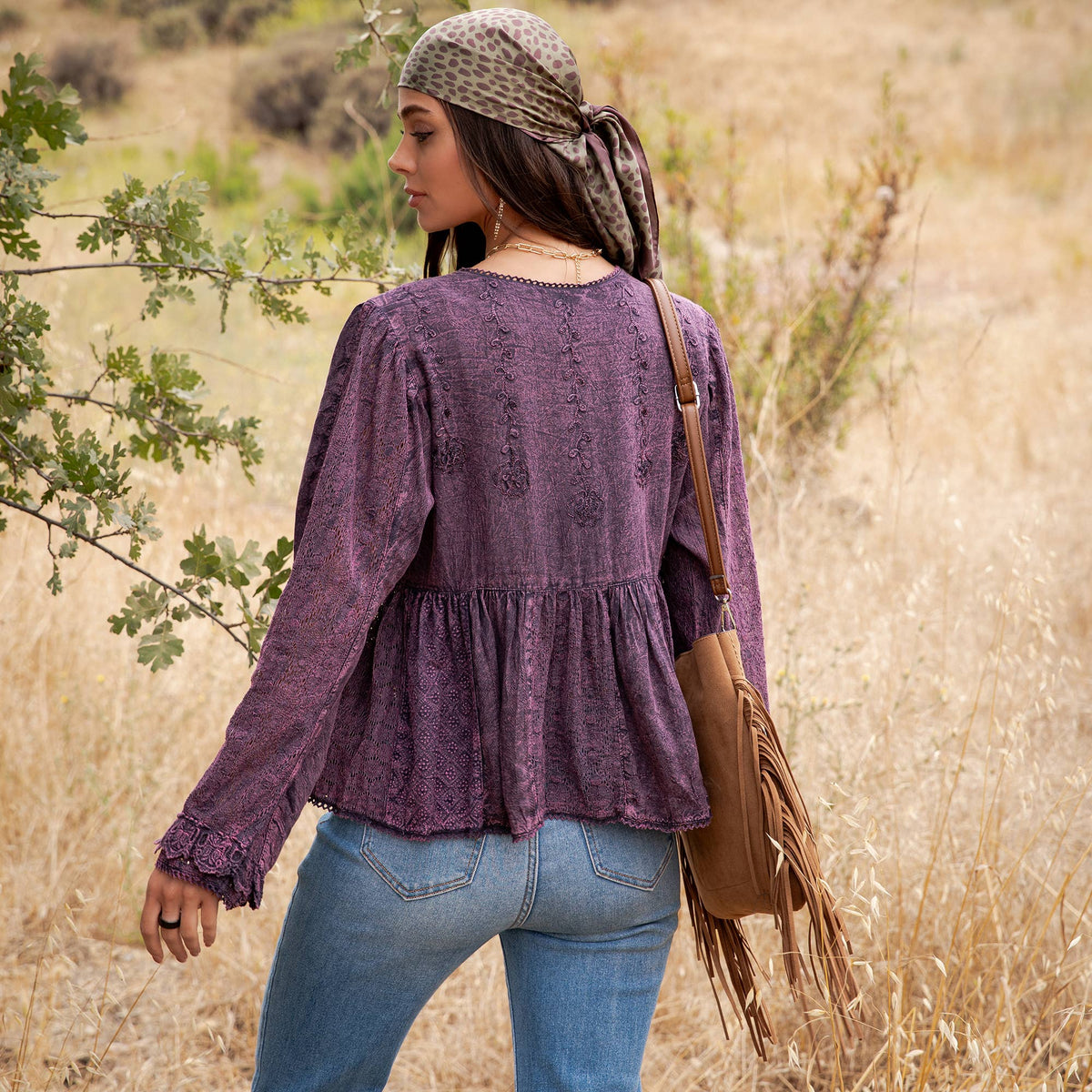 Young Threads - Vintage Boho Embroidered Lace V-Neck Peplum Top NEW - MULBERRY / REGULAR (S-M-L-XL 2-2-2-1)
