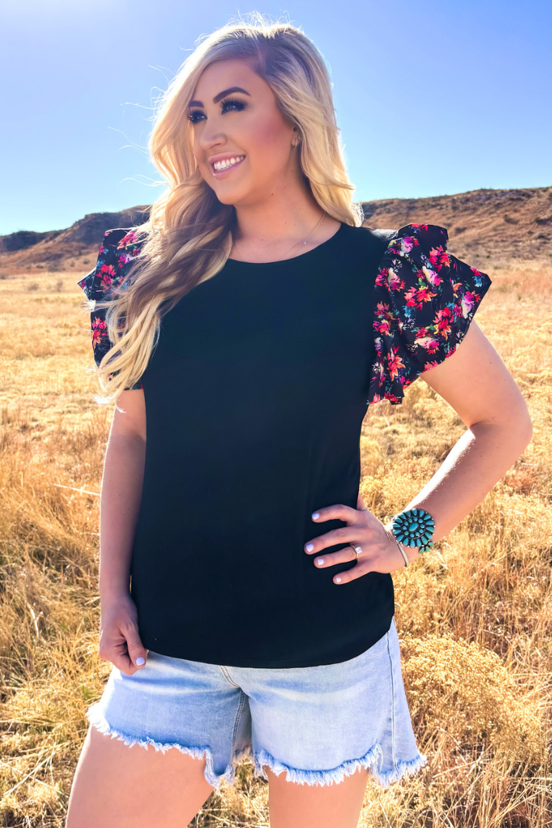 Black Floral Ruffle Sleeve Top