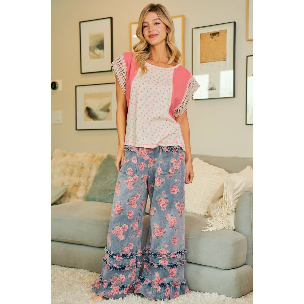 Washed Floral Denim Ruffle Wide-Leg Pants