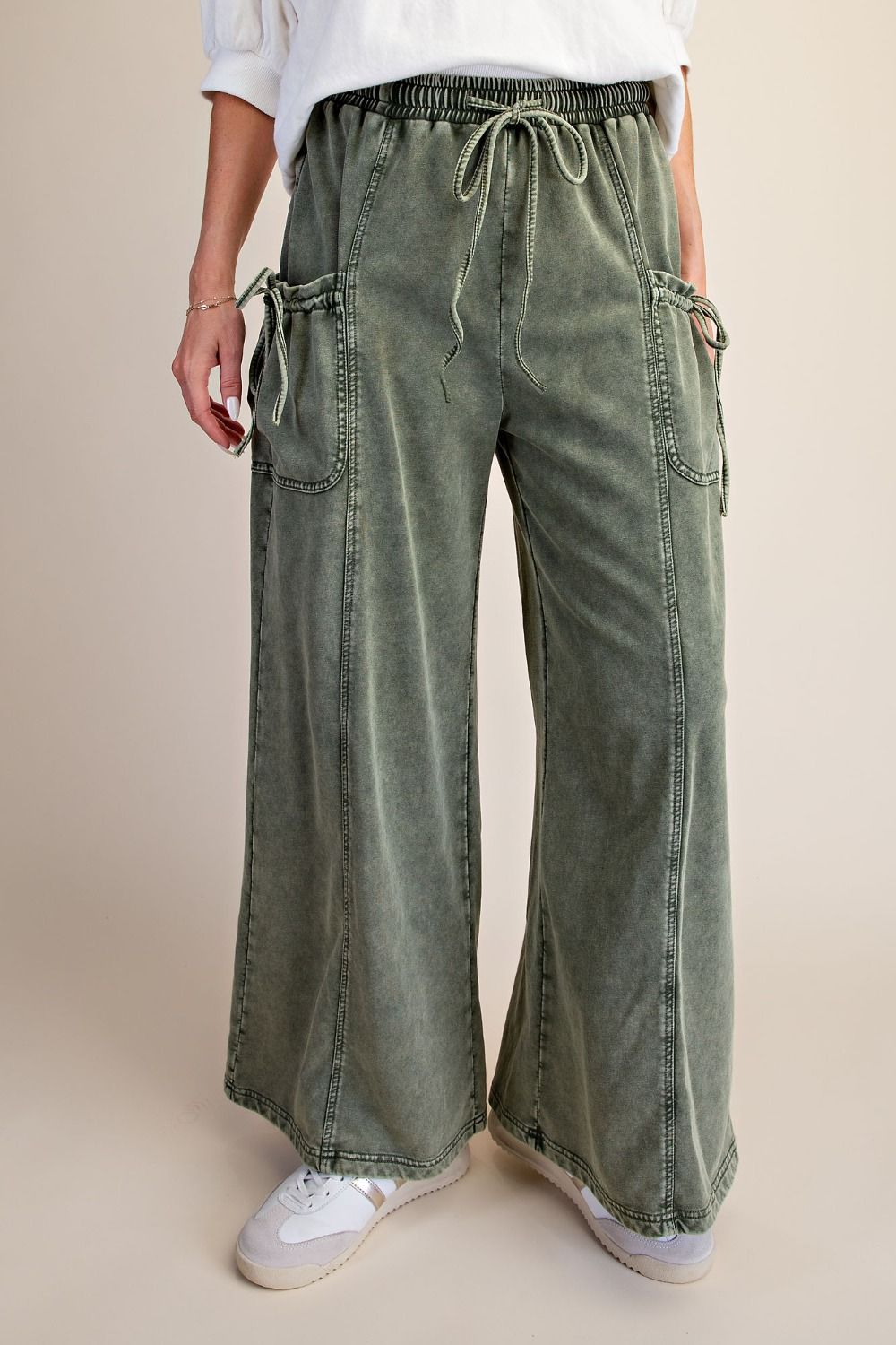 Mineral Wash Terry Knit Wide Leg Pant - Olive
