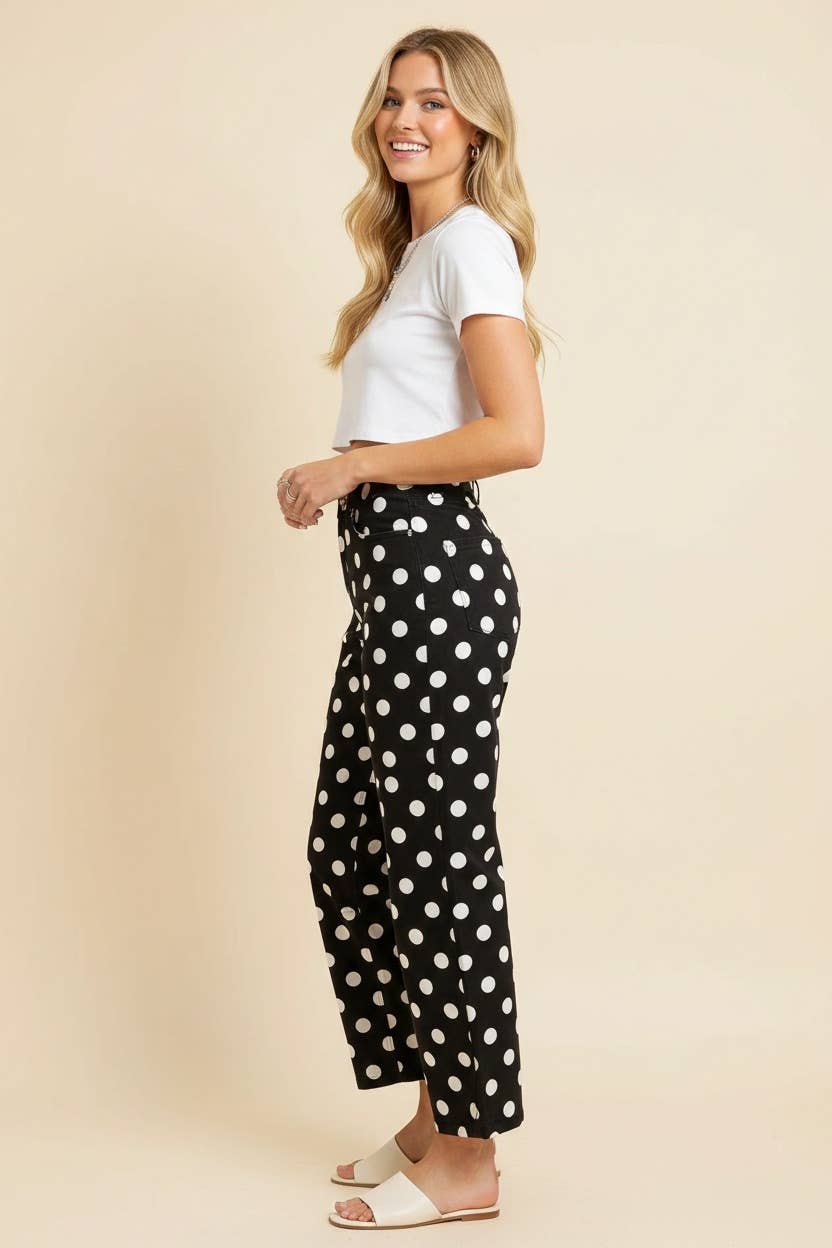 HEIMISH - HP40176 Polka Dot High Rise Straight Leg Pants - TAUPE/WHT / 3-2-1(1X-2X-3X)